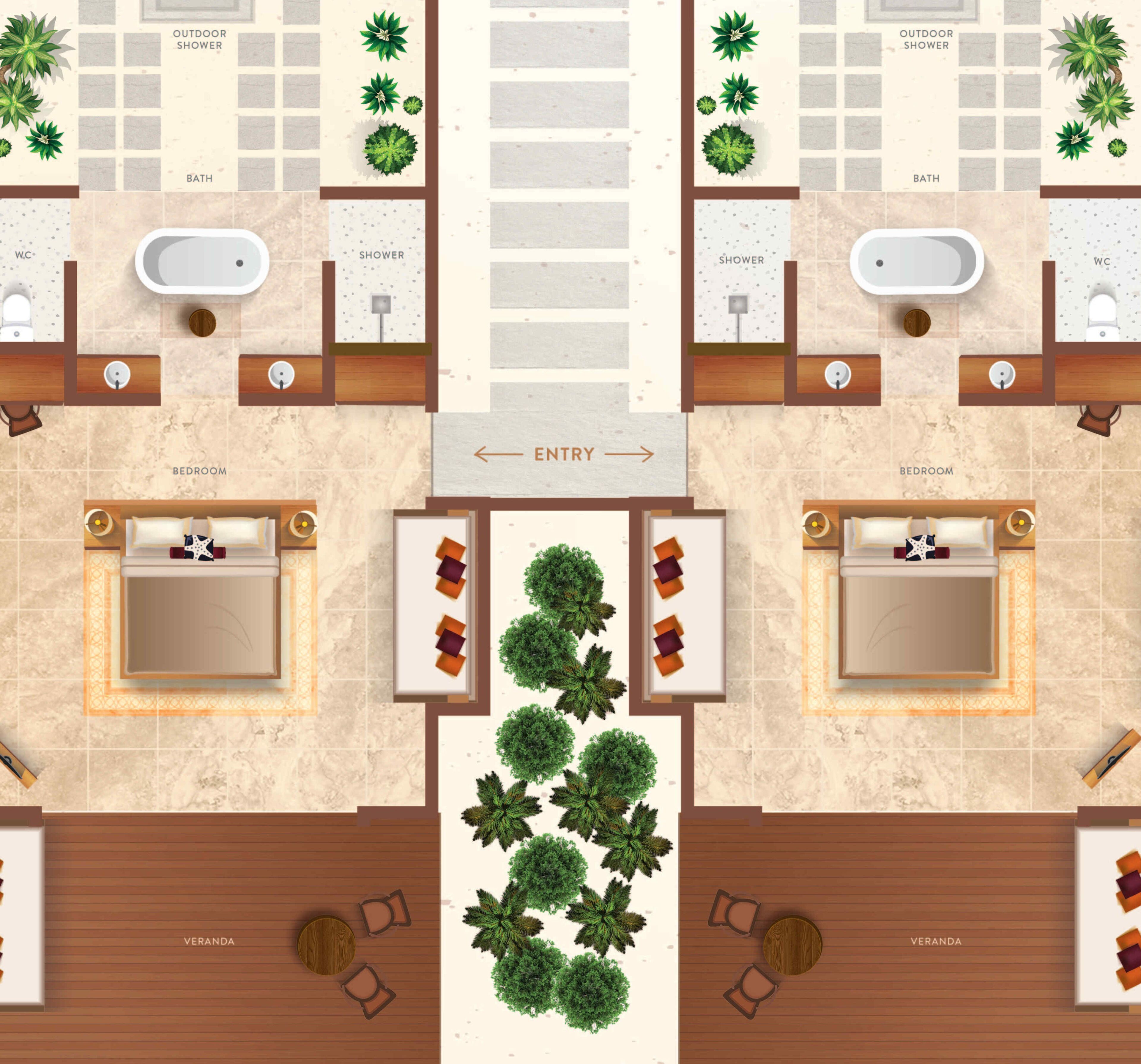 A hotel layout with two bedrooms, two bathrooms, a veranda, and a central garden area.