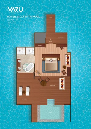 A water villa layout with a pool, including a sun deck, jacuzzi, and a bedroom with a bathroom.