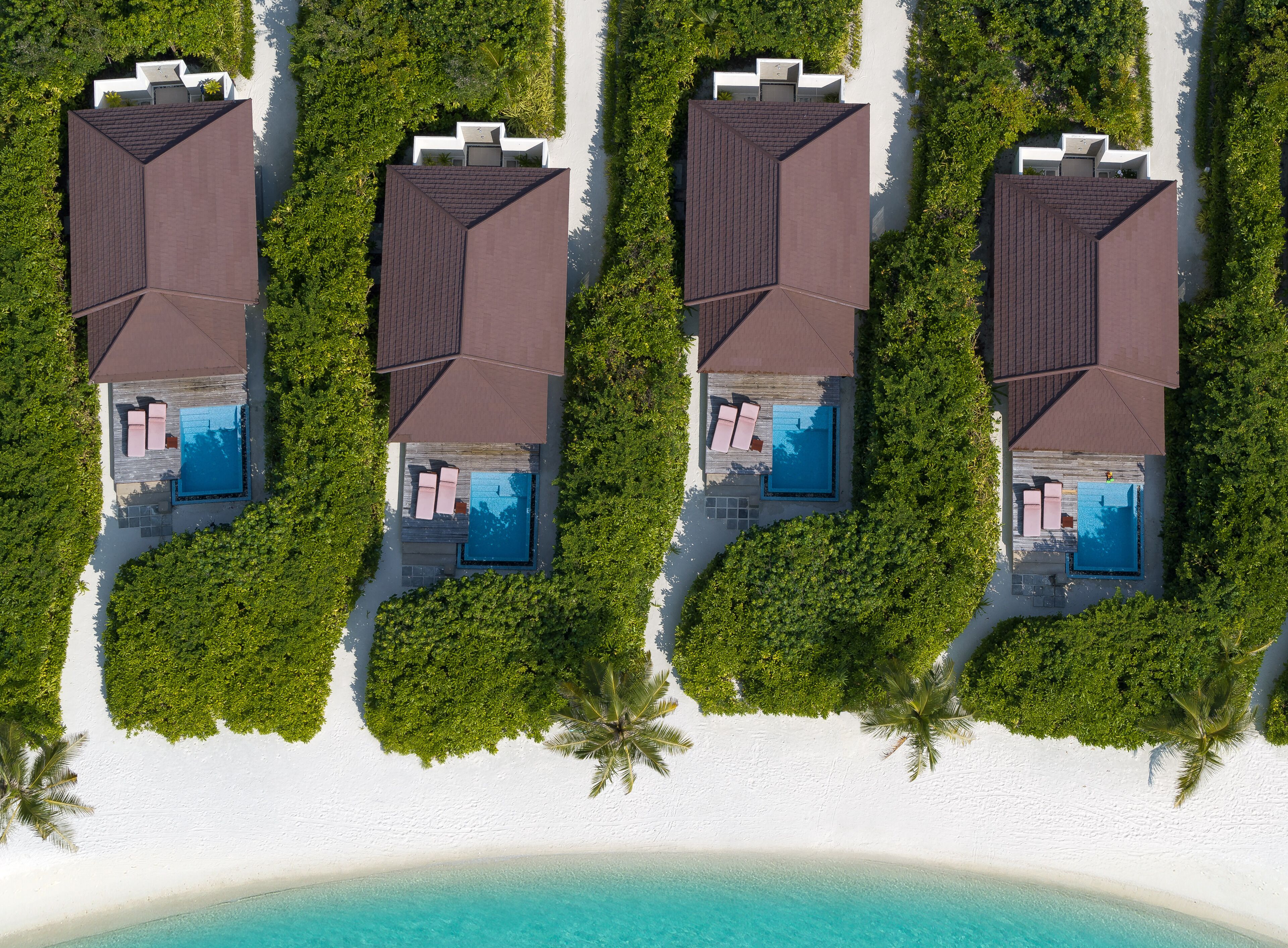 A row of modern beach houses with private pools and white sandy beaches.