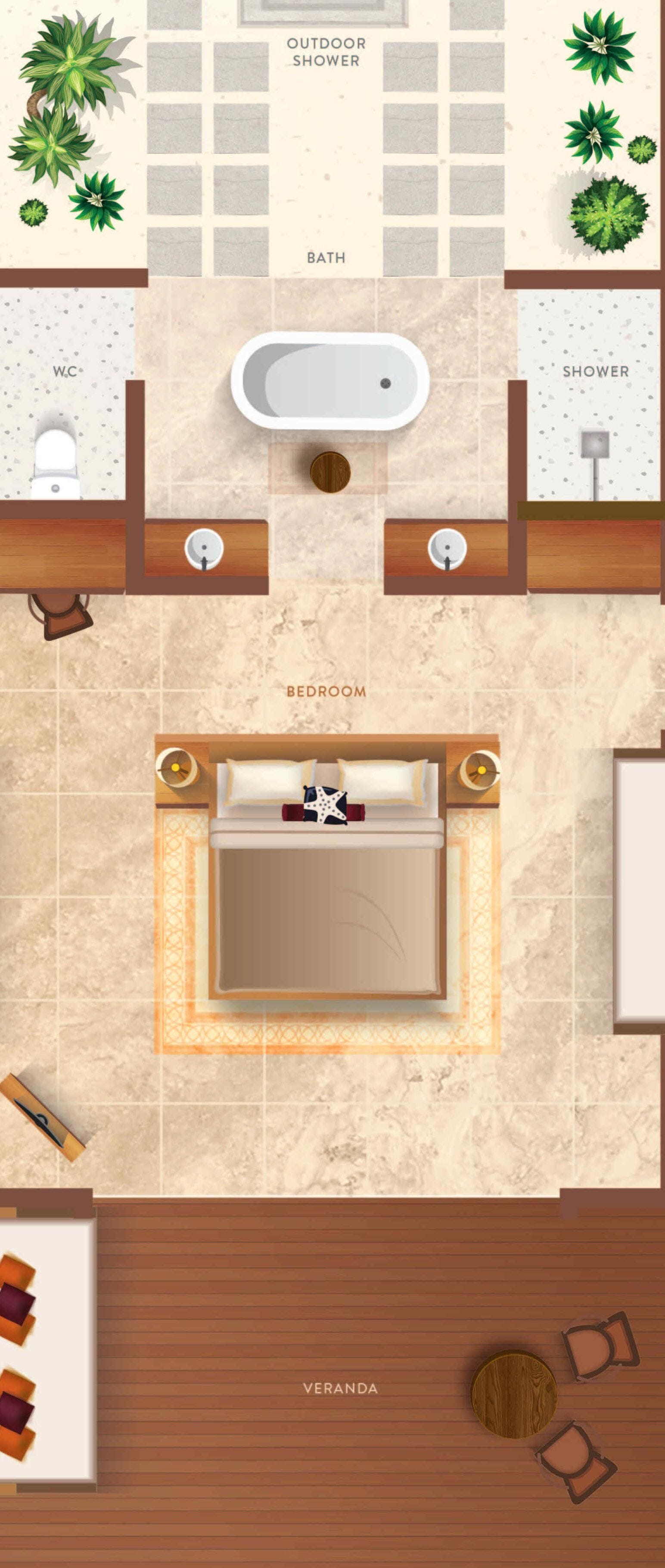 A hotel room layout with a bathroom, bedroom, and veranda.