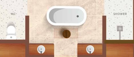 A hotel room layout with a bathroom, bedroom, and veranda.