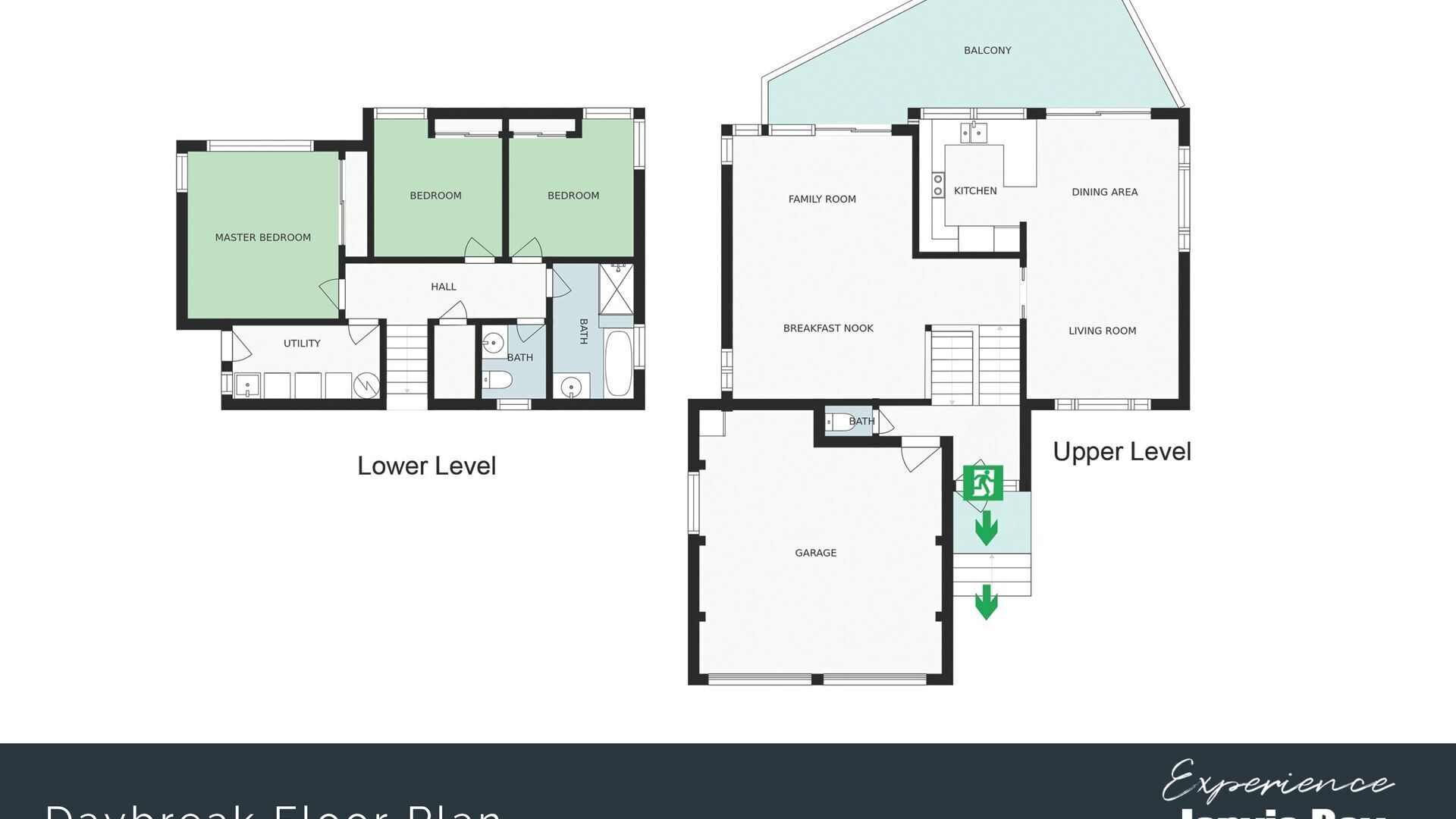 A floor plan of a building with two levels. The lower level includes a master bedroom, two bedrooms, a utility room, a hall, and a bathroom. The upper level features a family room, kitchen, dining area, living room, breakfast nook, and a garage.