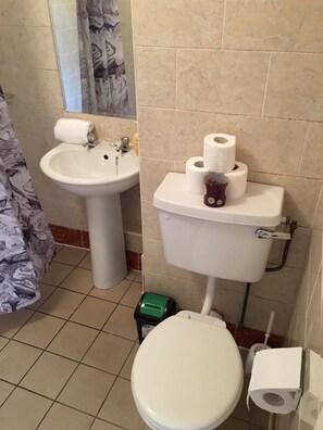 Un baño con inodoro, bidé y lavabo.