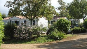 A residential area with white houses, a gravel driveway, and lush greenery. - Camping Les Poutiroux - Tente Lodge (Limeuil)