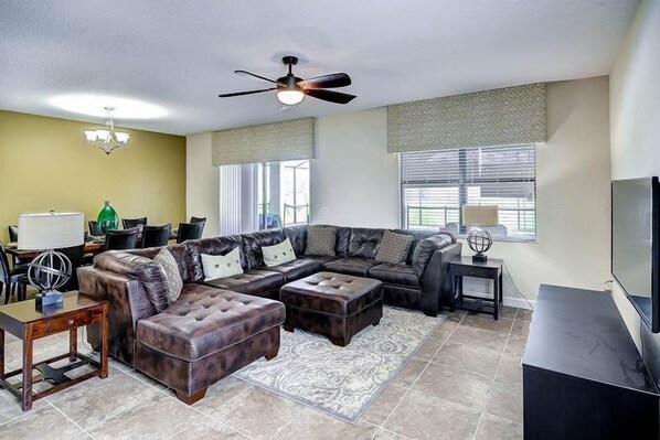 Flat-screen TV, DVD player, table football