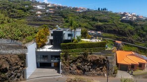 A hillside residential area with modern houses, a paved road, and lush vegetation.