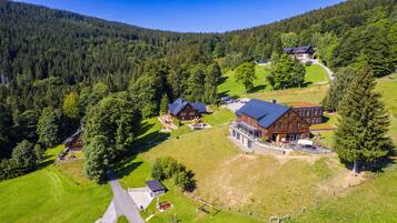 A large wooden house with a sloped roof, surrounded by a forested area and a small driveway.