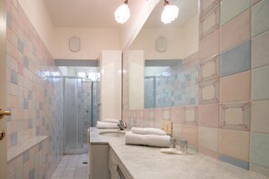 Shower, hair dryer, bidet, towels
