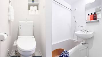 Combined shower/bathtub, hair dryer, towels, soap