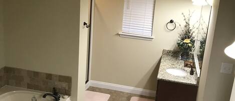 A bathroom with a bathtub, a shower, a sink, and a vanity.