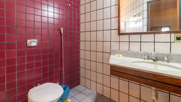 Un baño con pared de baldosas rojas, inodoro blanco, lavamanos con espejo y zona de ducha.