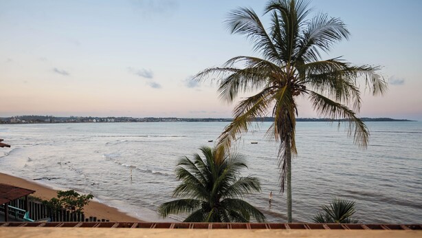 A beach view with a palm tree and a building in the foreground. - Hotel Praia Sol (Serra)
