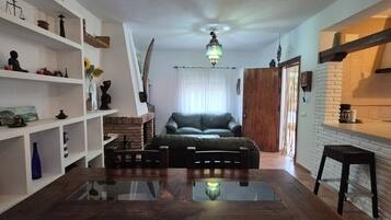 TV connectée, cheminée, livres, espaces bureaux