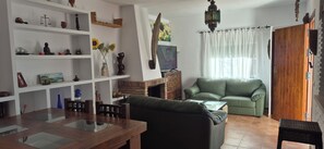 Smart TV, fireplace, books, offices