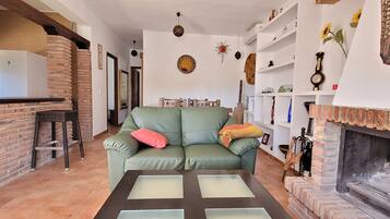 Una Smart TV, una chimenea, libros, una oficina