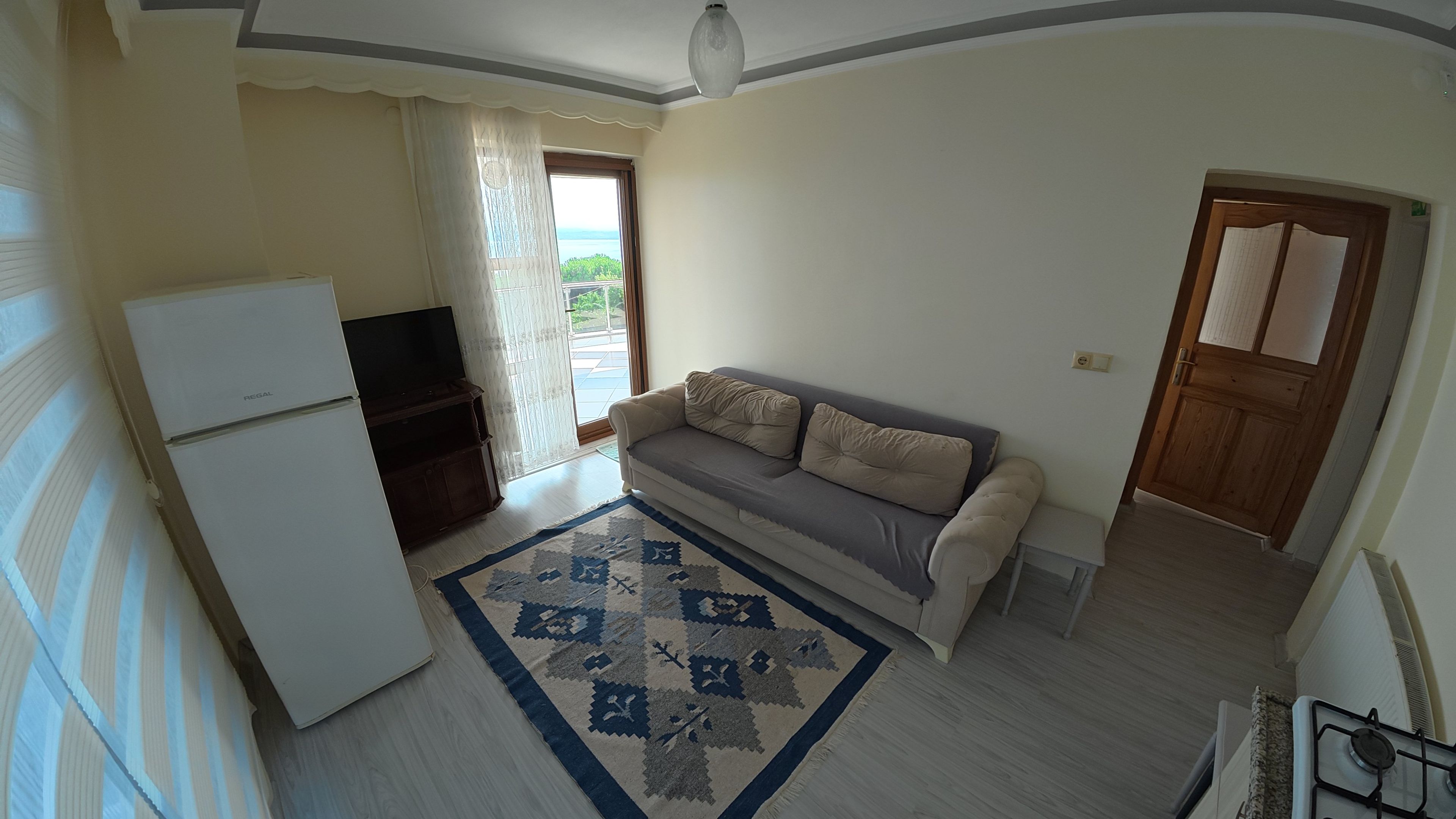 Ein gemütlicher Wohnbereich mit Sofa, Fernseher, Kühlschrank und einem gemusterten Teppich.