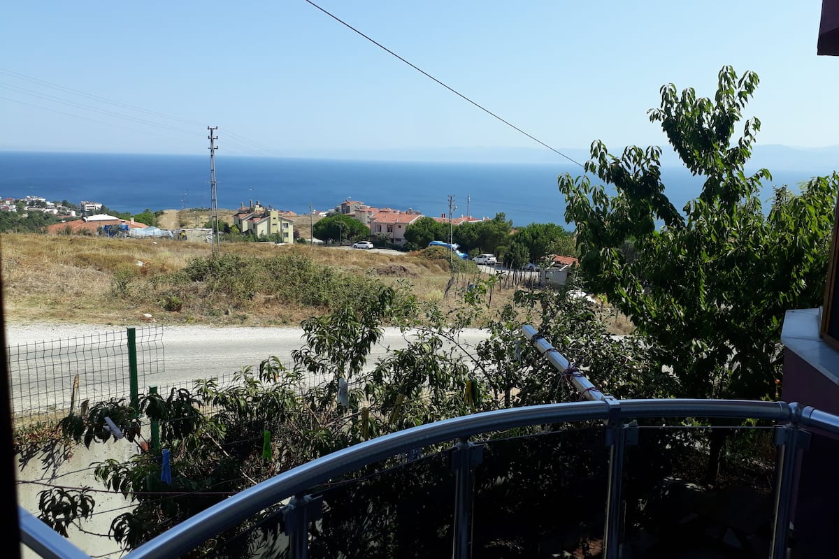 A balcony with a view of a coastal town, including houses, a road, and the sea.