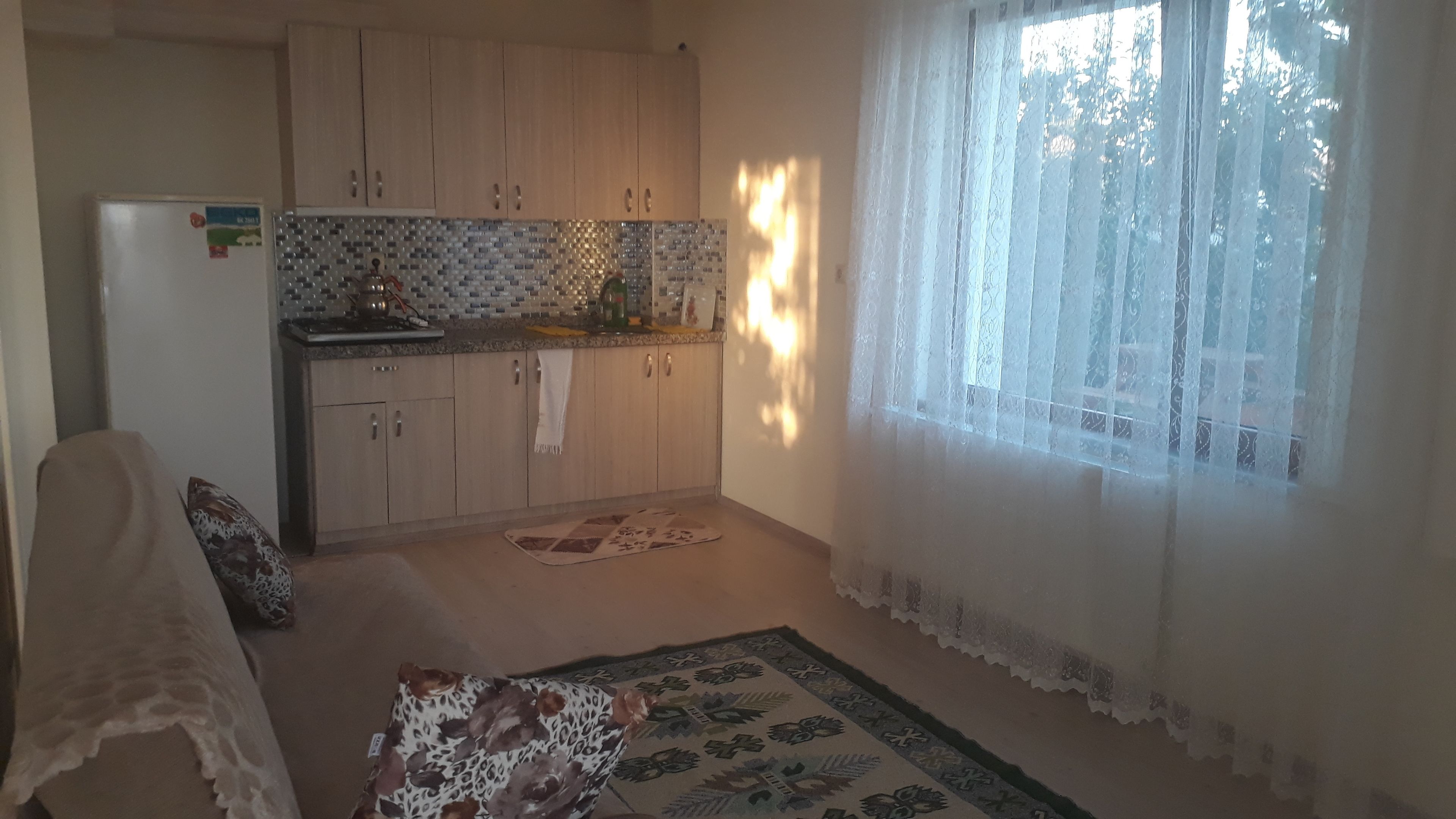 Une cuisine de taille réduite, dot ée de meubles en bois, d’un réfrigérateur et d’un crédence décorée.