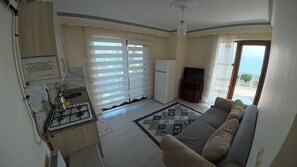 A compact living space with a kitchenette, a sofa, a television, and a view of the outdoors. - Ozcan Apart Pansiyon (Sinop)