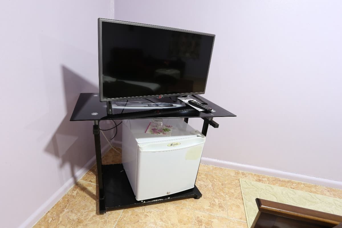 A small kitchenette with a refrigerator, a microwave, and a flat-screen TV on a stand.