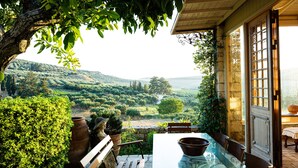 Une terrasse extérieure avec une table en verre, des bancs en bois et une vue sur une vallée verdoyante.