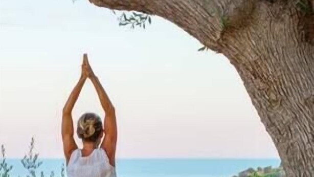 A person performing a yoga pose on a green mat outdoors with a view of the sea and greenery in the background. - Nicuzza House with panoramic infinity pool (Avola)