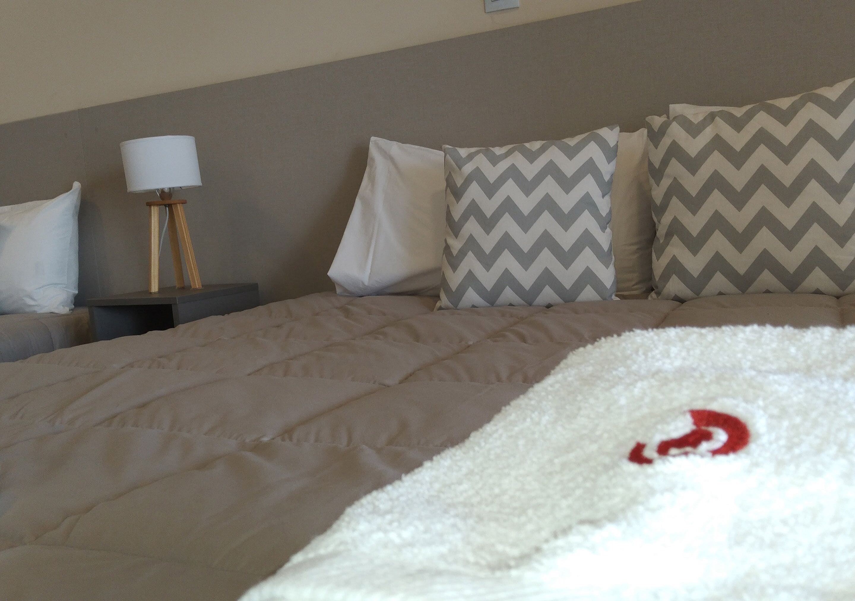 A bed with a beige duvet, a white pillow, and two patterned pillows.