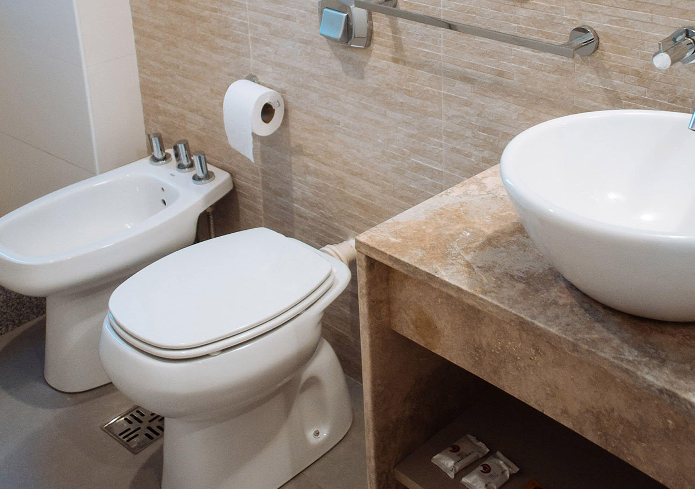 free toiletries, hair dryer, bidet, towels