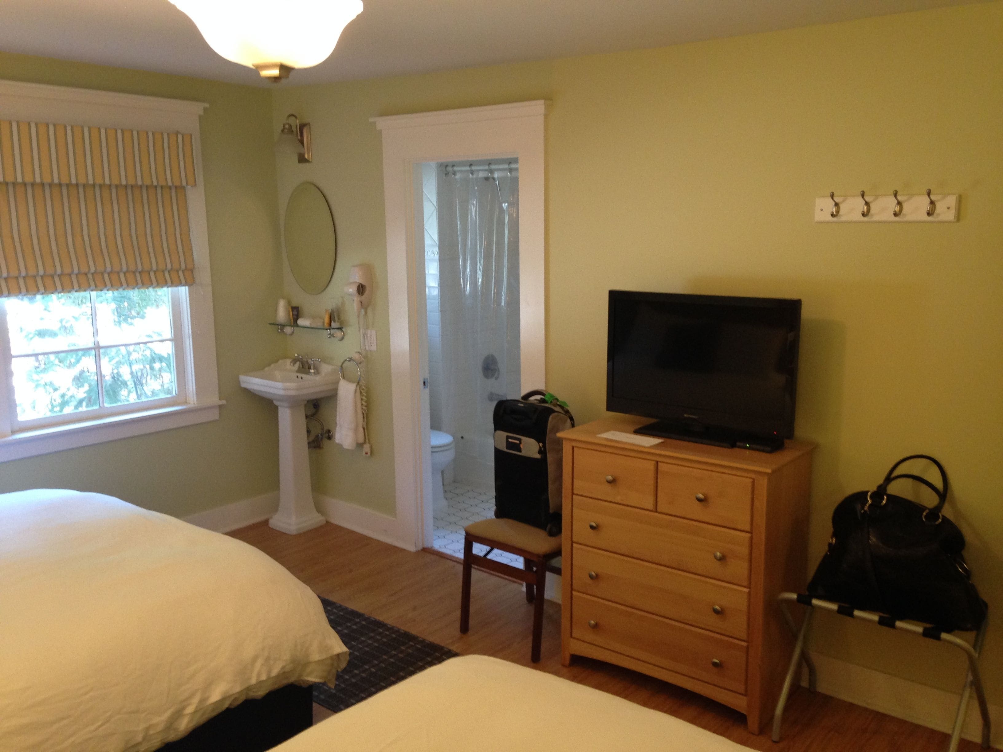 Une chambre avec deux lits, un téléviseur posé sur une commode, une salle de bain avec douche et un porte-manteau.