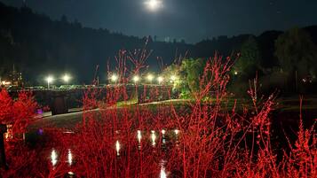 Nachtszene mit einer beleuchteten Brücke und einem Fluss, im Vordergrund Herbstlaub in Rot.