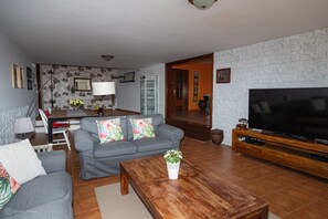 Smart TV, fireplace, DVD player, foosball