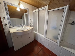 Combined shower/tub, hair dryer