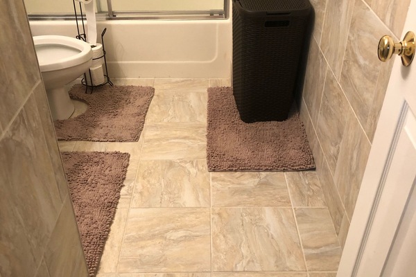 Bathtub, hair dryer, towels, toilet paper