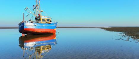 A blue and red boat anchored on a calm body of water with clear skies.