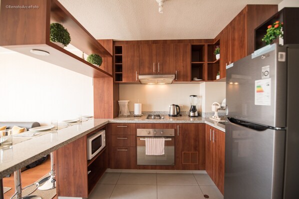 Fridge, microwave, oven, electric kettle
