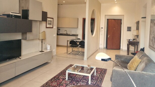 A modern living room with a flat-screen TV, a sofa, a coffee table, and a patterned rug. - Da Bianca Apartment in Siena (Siena)