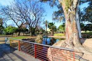 A park with a pond, trees, and a metal fence.
