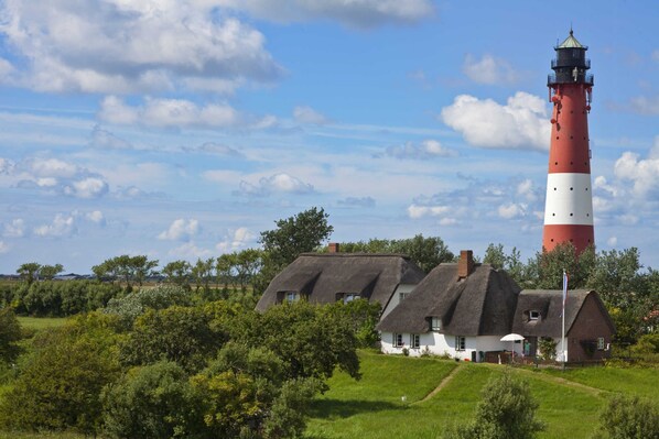 A lighthouse with a red and white striped tower, surrounded by thatched-roof cottages and lush greenery.