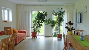 Een woonkamer met een bank, een eettafel, stoelen, potplanten en een televisie.