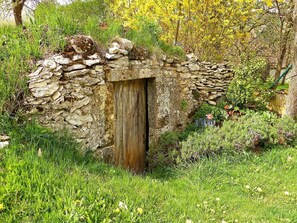 A stone wall with a wooden door, surrounded by lush greenery and flowering plants.
