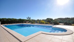 Ein rechteckiger Pool mit geschwungener Kante, umgeben von einer gefliesten Terrasse.