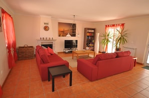 Fernseher, Kamin, DVD-Player, Bücher