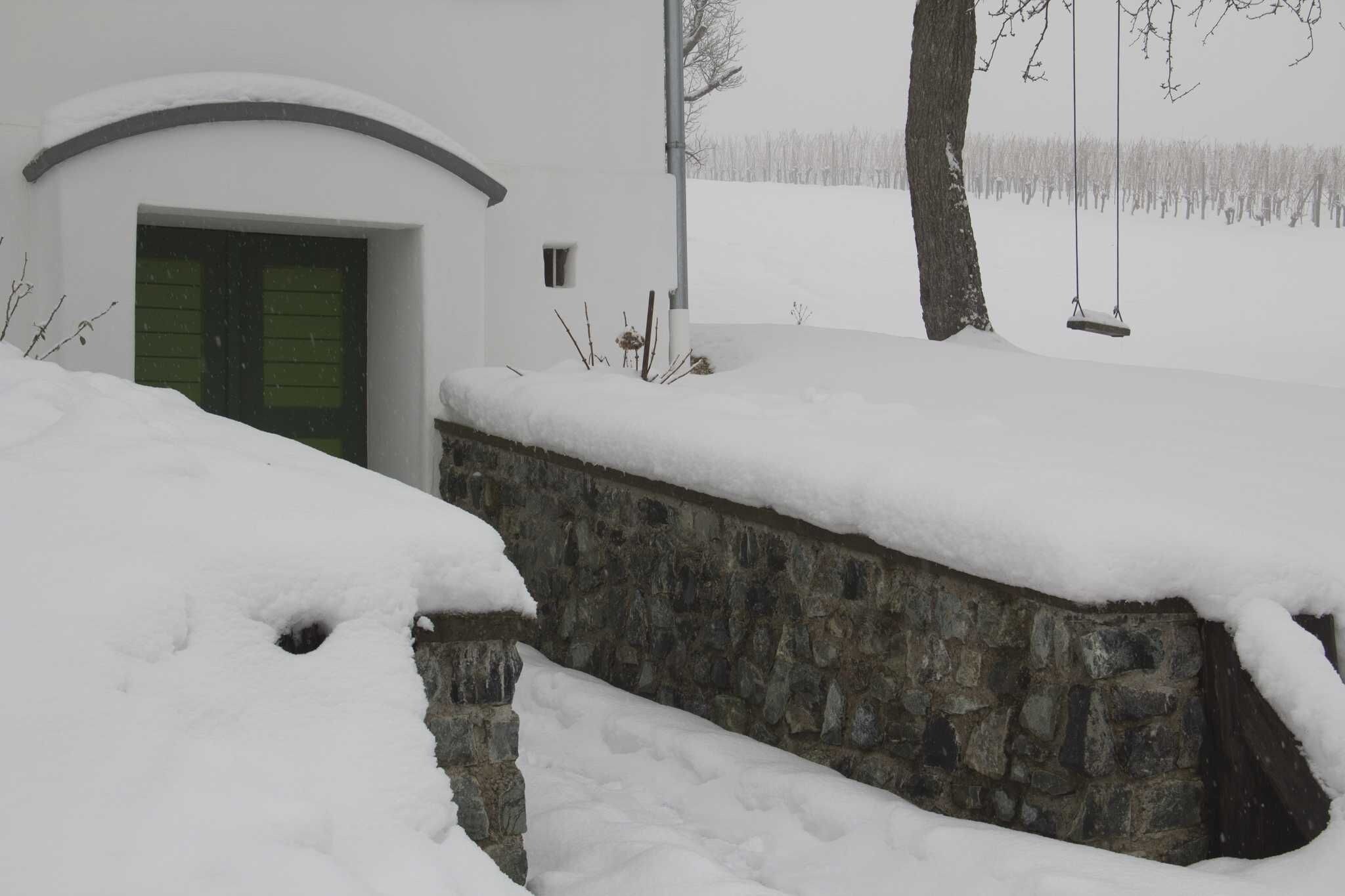 Un mur de pierre recouvert de neige et une porte avec un volet vert.