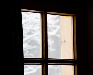 A window with a mesh screen and wooden frame.