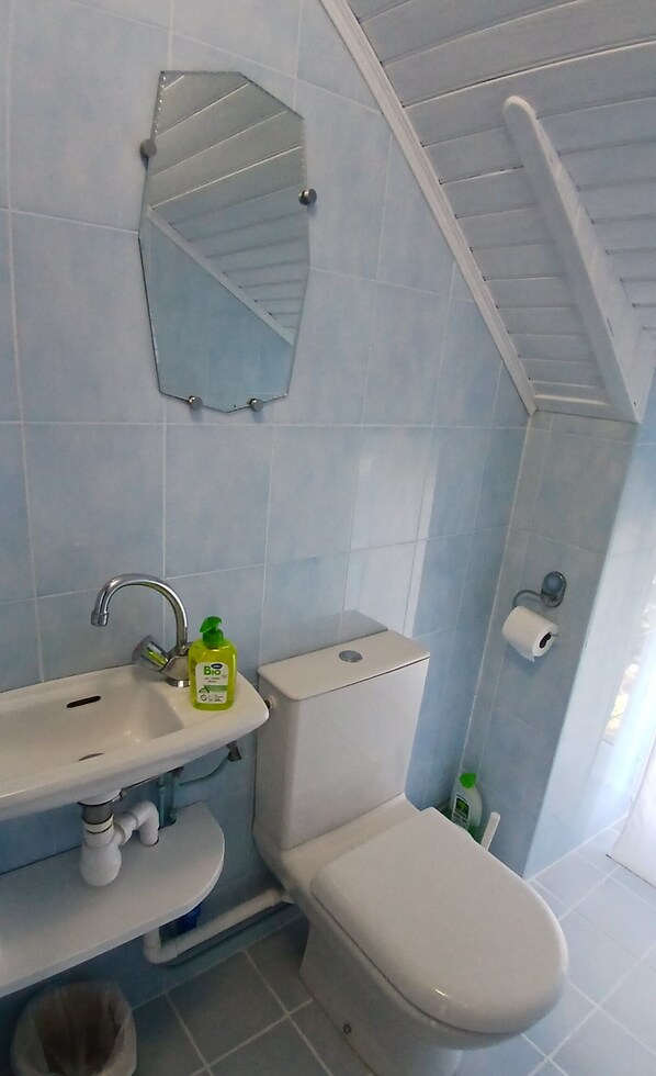 Ein Badezimmer mit weißem Waschbecken, Spiegel, Toilette und Duschbereich.
