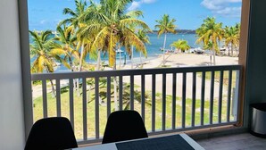 A room with a view of a beach, palm trees, and the ocean. - Lagoon front Magnificent Studio completely renovated with panoramic lagoon view (Saint-Martin)