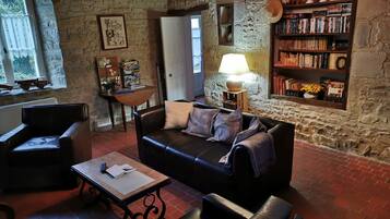 Télévision, cheminée, lecteur de DVD, livres