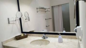 Hair dryer, towels, soap, shampoo