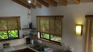 A kitchen with wooden cabinets, a countertop, a sink, and a window with a view of greenery. - Royal Palm Villas (Cóbano)