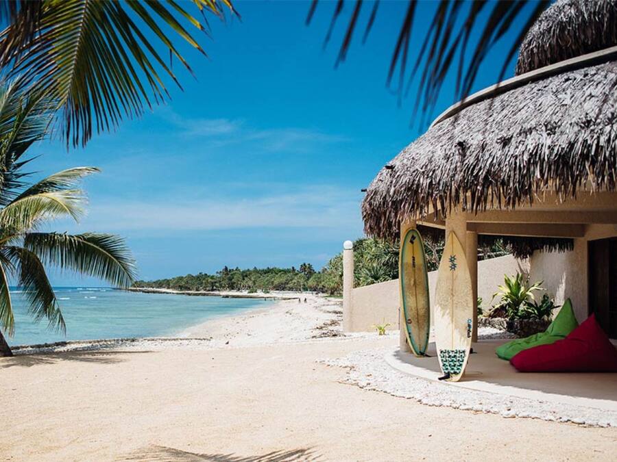 Une scène de plage avec une cabane au toit de chaume, un palmier et une planche de surf appuyée contre la cabane.
